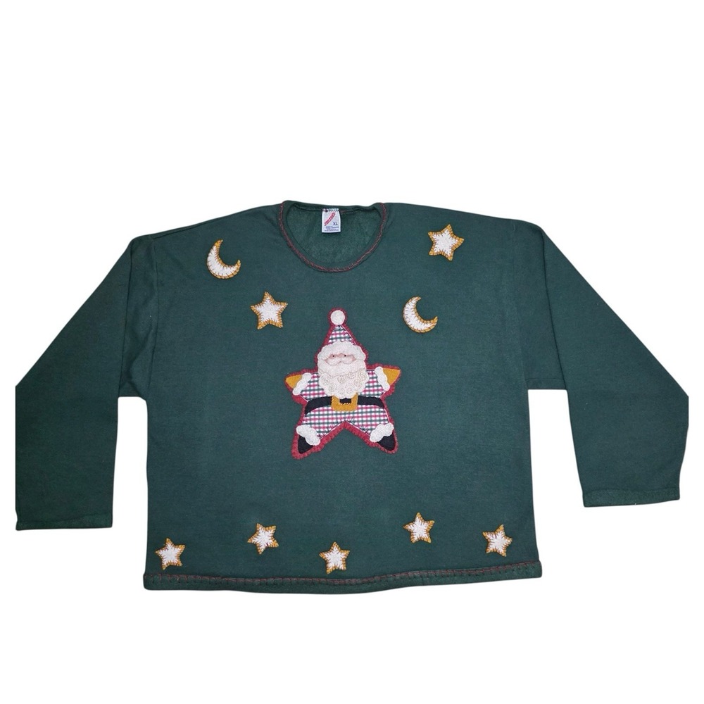 Vintage Jerzees Ugly Christmas Sweater Mens XL Santa Green USA Made 90s